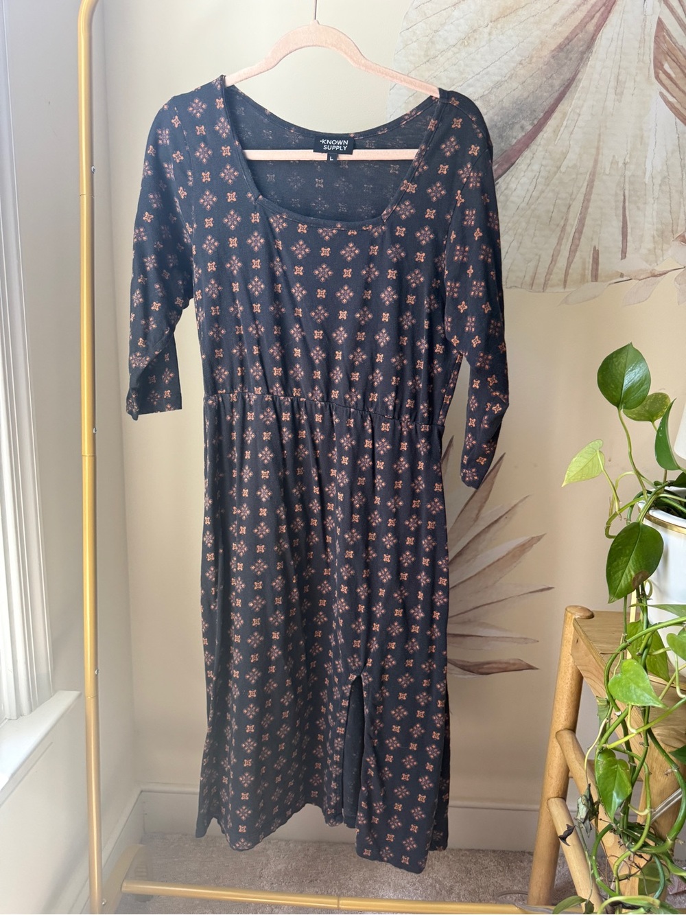 KNOWON Supply Black Midi Dress with Pink Floral Print